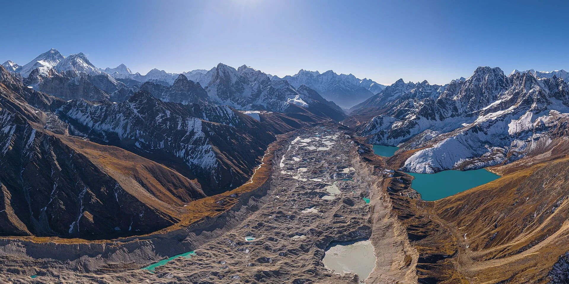 Aerial view of the Ngozumpa Glacier and Gokyo Lakes below Khumbu peaks