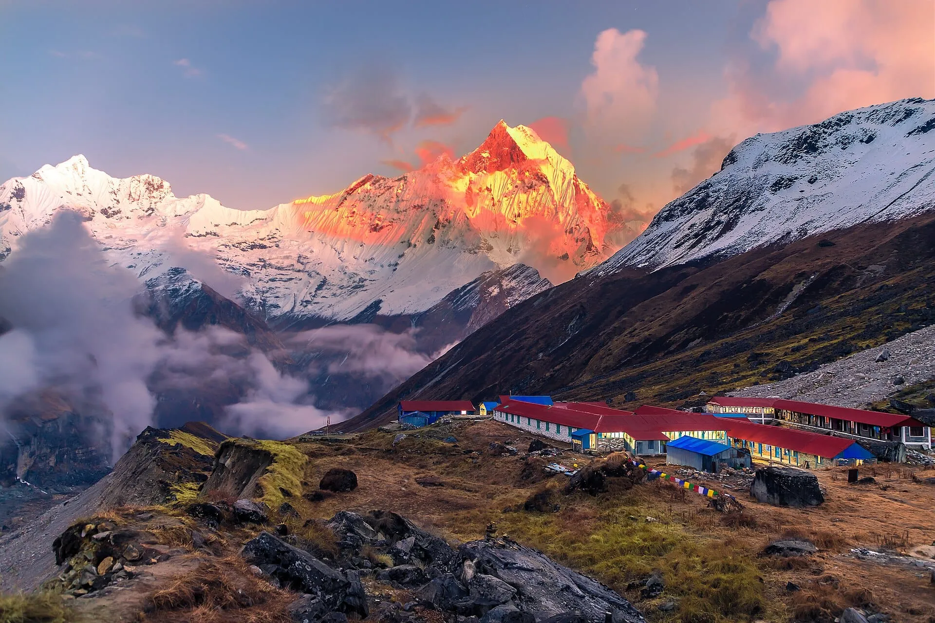 Evening alpenglow on Annapurna I above the lodges at Annapurna Base Camp