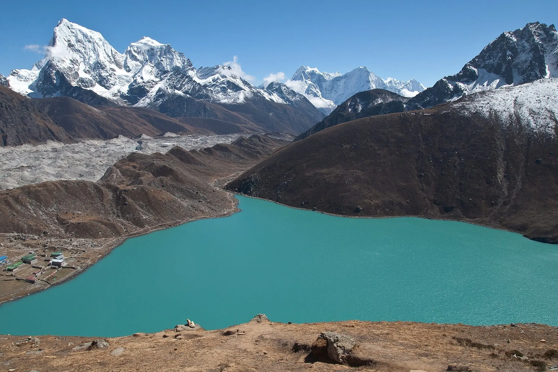 Turquoise Gokyo Lake with Arakamtse and Cholatse peaks behind
