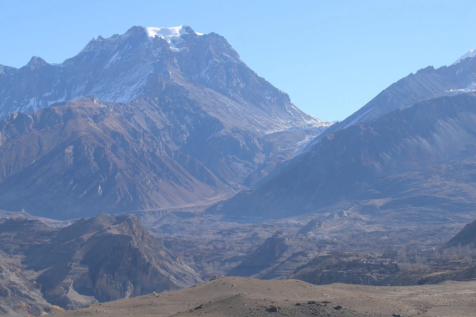 Muktinath valley with the Thorong La pass in the distance