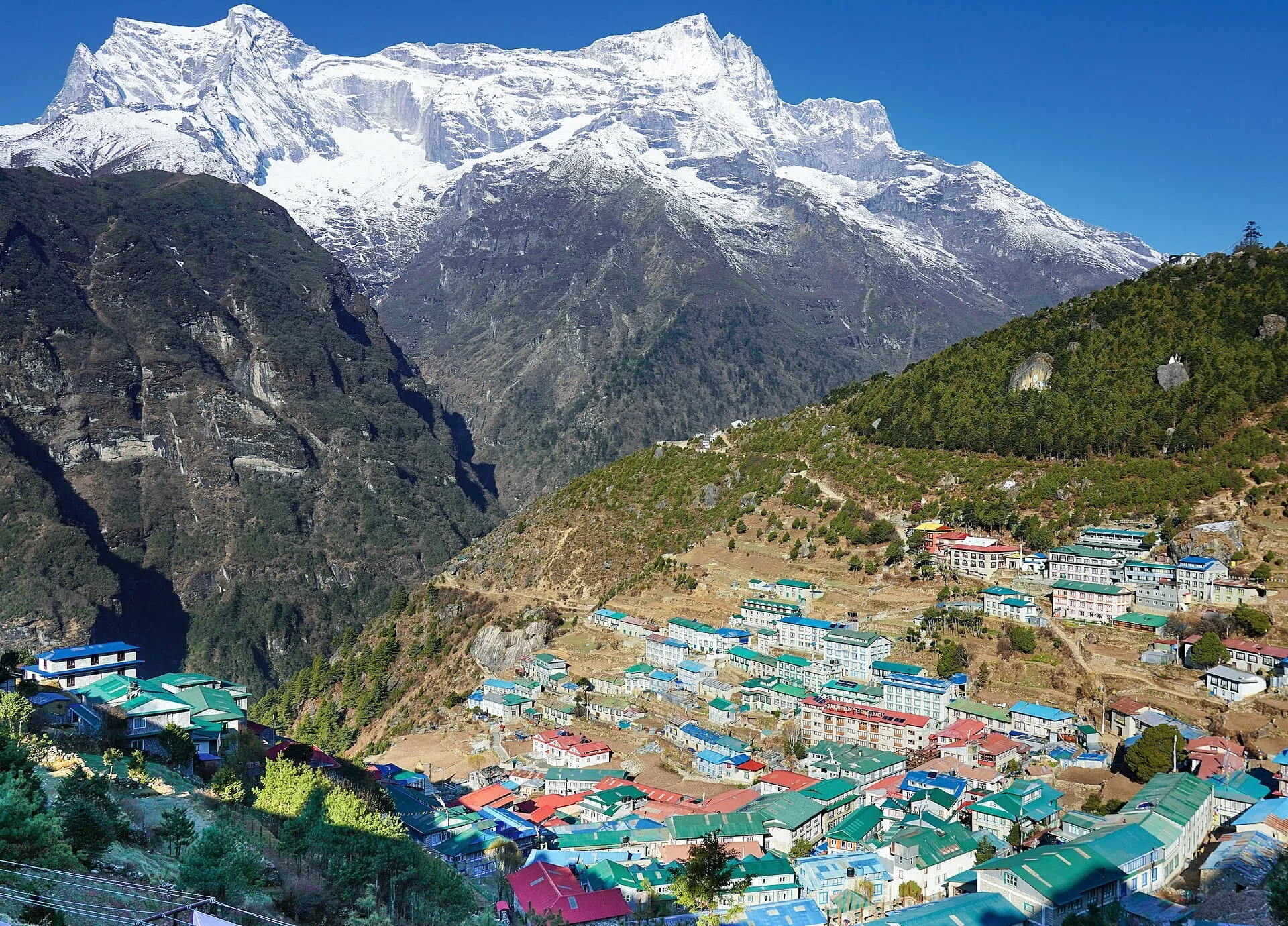 Namche Bazaar built in a horseshoe-shaped valley facing Kongde Ri