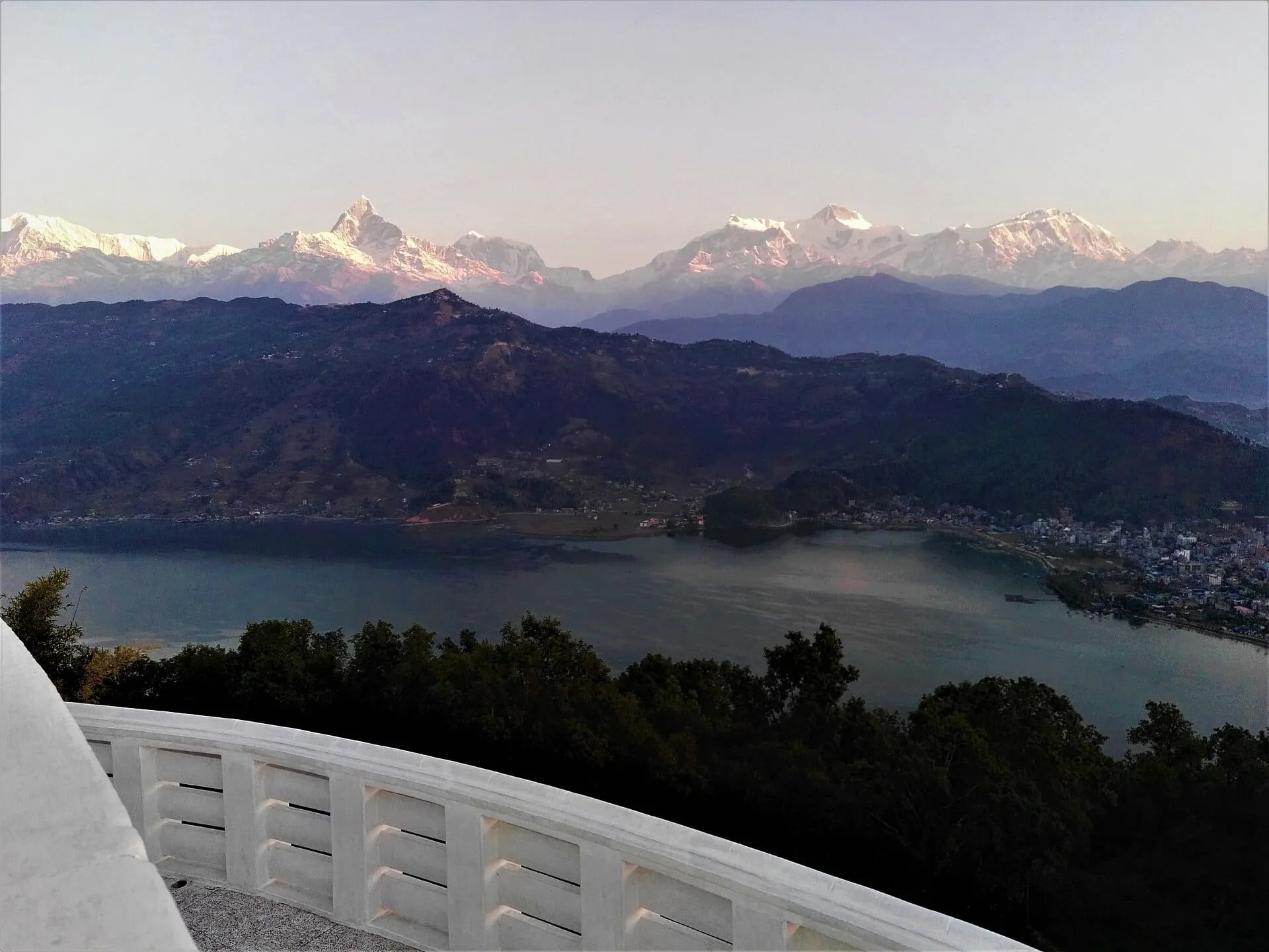 Phewa Lake in Pokhara with the Annapurna range on the horizon