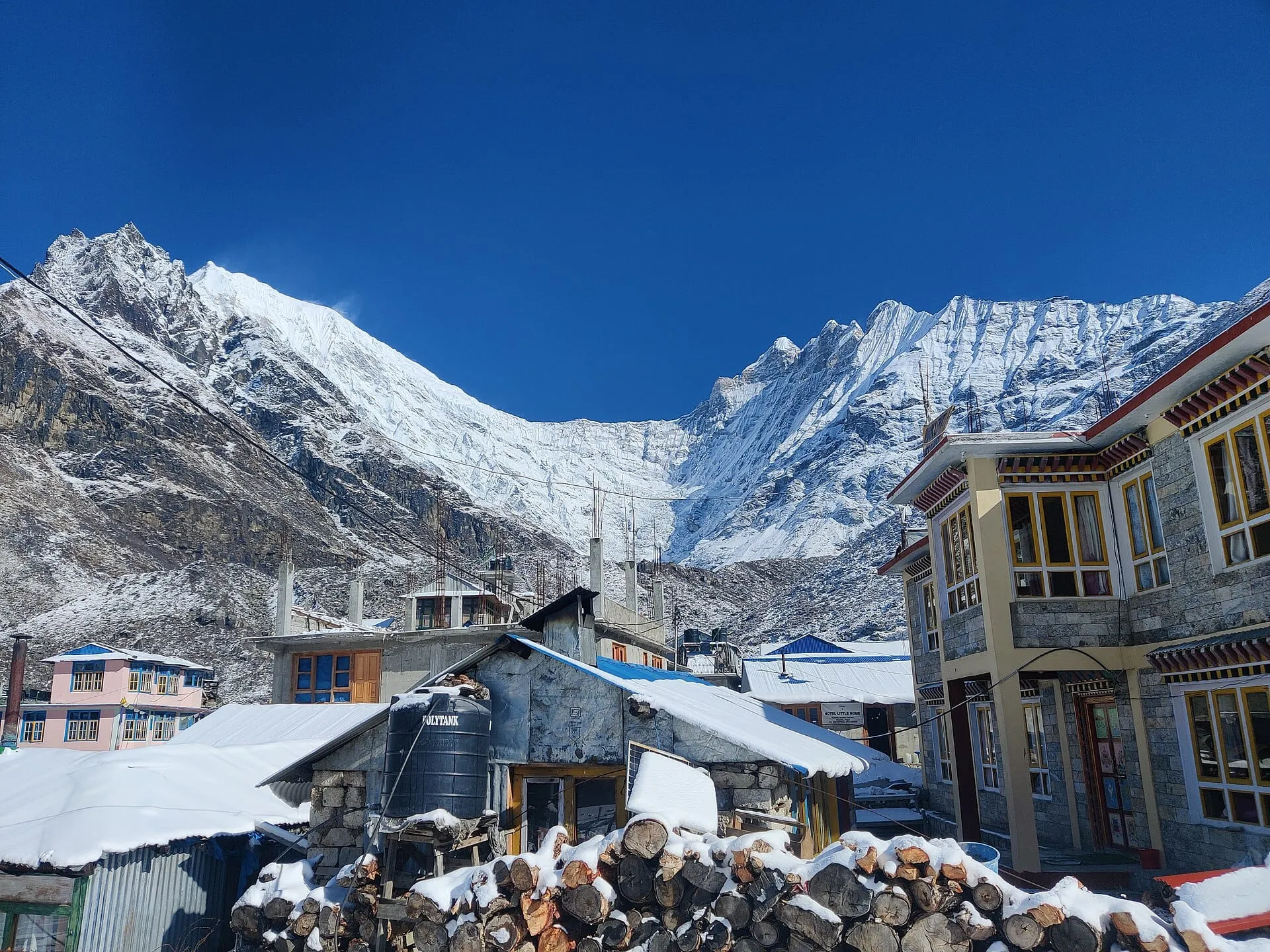Houses at Kyanjin Gompa with snow-capped mountains behind